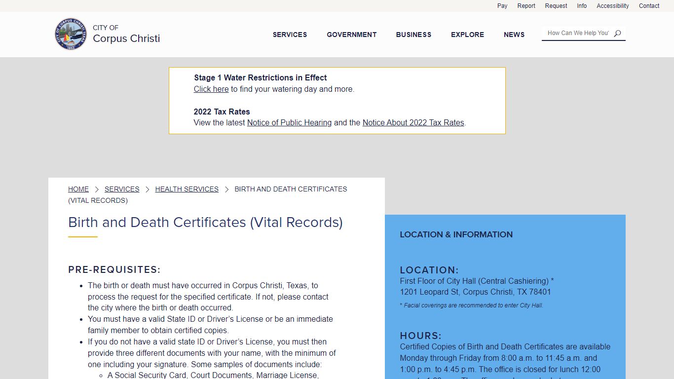 Birth and Death Certificates (Vital Records) - Corpus Christi, Texas